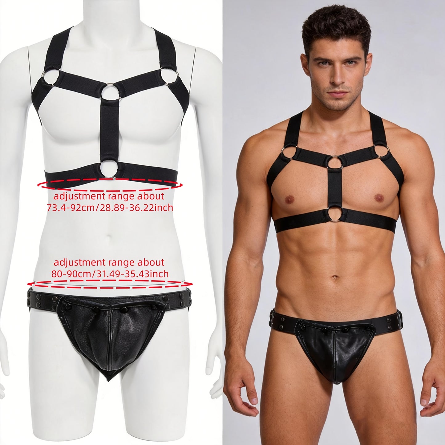 Conjunto de 2 piezas para hombre: ropa de cuero, arnés elástico para el pecho y la espalda, y pantalón triangular de cuero PU. Incluye arnés superior ajustable con anillo redondo de metal. Estilo punk oscuro, traje de estilo, ideal para discotecas, cospl
