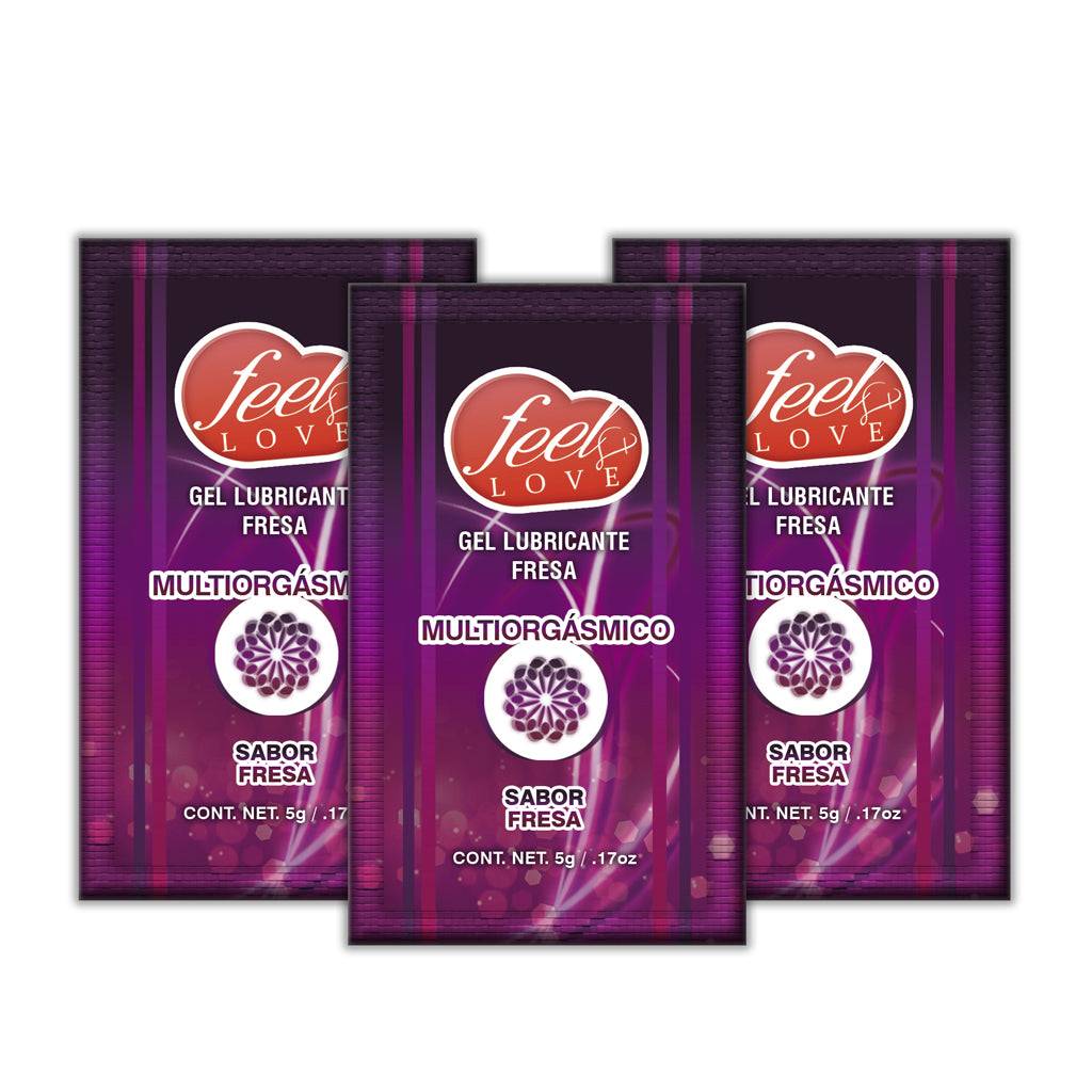 Sobre Multiorgasmico 5ml (FRESA) de Feel Love, lubricante comestible con sabor a fresa en presentación individual. Ideal para placer íntimo prolongado.