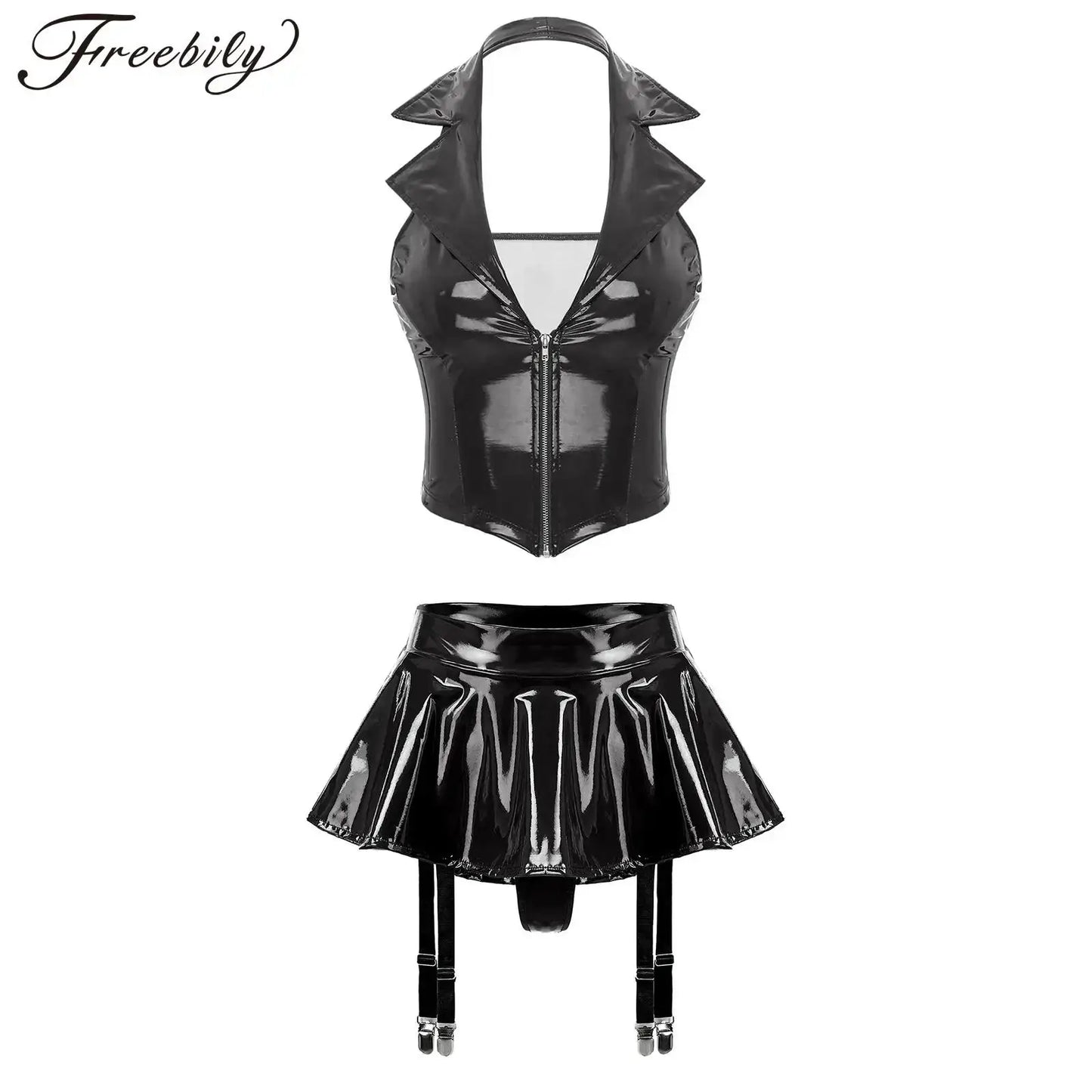 Conjunto de disfraz de charol para mujer con Tanga y ligas