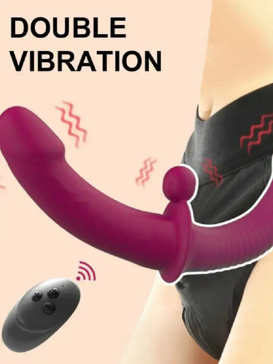 Vibrador inalámbrico con braga mostrando doble vibración en uso. Perfecto para estimulación simultánea y placer compartido en pareja.