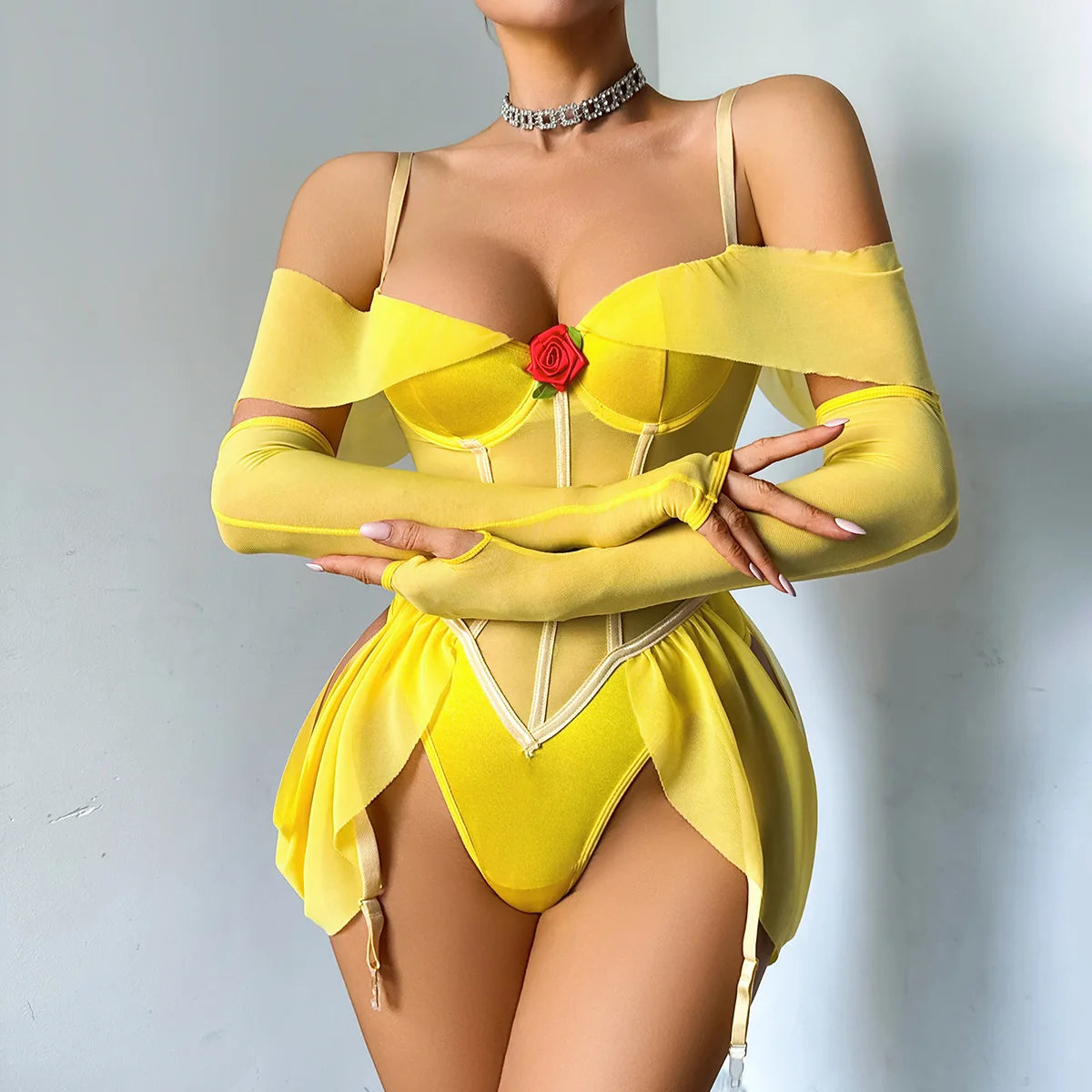 Sexy Princess Role Play Lingerie Costume See Through Rose Mesh Sheer Bodysuit Off Shoulder Open Back Shaping One Piece Teddy