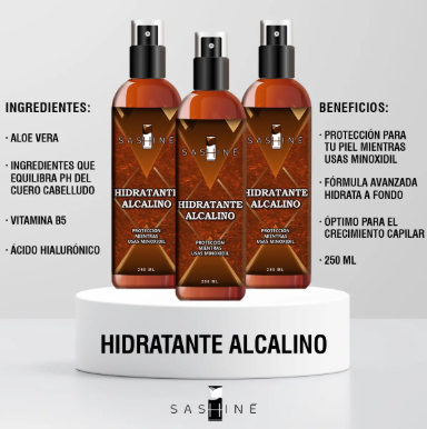 SASHINE Hidratante Alcalino 250ml con aloe vera, ácido hialurónico y vitamina B5. Tratamiento capilar que estimula el crecimiento del cabello.