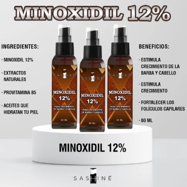 Kit Minoxidil 12% Sashine de 60 ml con beneficios para crecimiento capilar y fortalecimiento, incluye ingredientes naturales y vitamina B5.