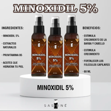 Tónico capilar SASHINE Minoxidil 5% en presentación de 60ml. Estimula el crecimiento capilar y fortalece folículos con ingredientes naturales y vitamina B5.