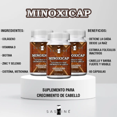 Presentación de MINOXICAP Sashine con ingredientes y beneficios destacados. Suplemento intensivo para crecimiento de cabello y barba, 60 cápsulas.