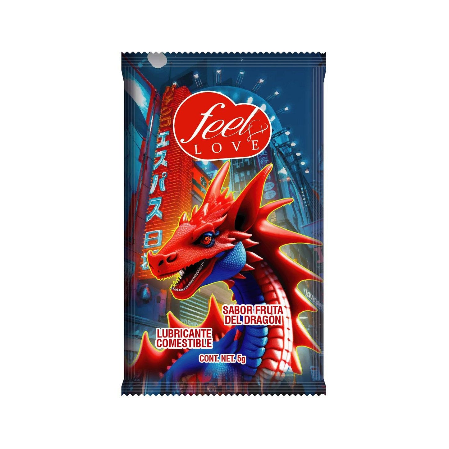 Sobre ANIME FRUTA DEL DRAGON 5ml de lubricante comestible con diseño de dragón rojo y fondo urbano estilo anime. Ideal para cuidado íntimo.
