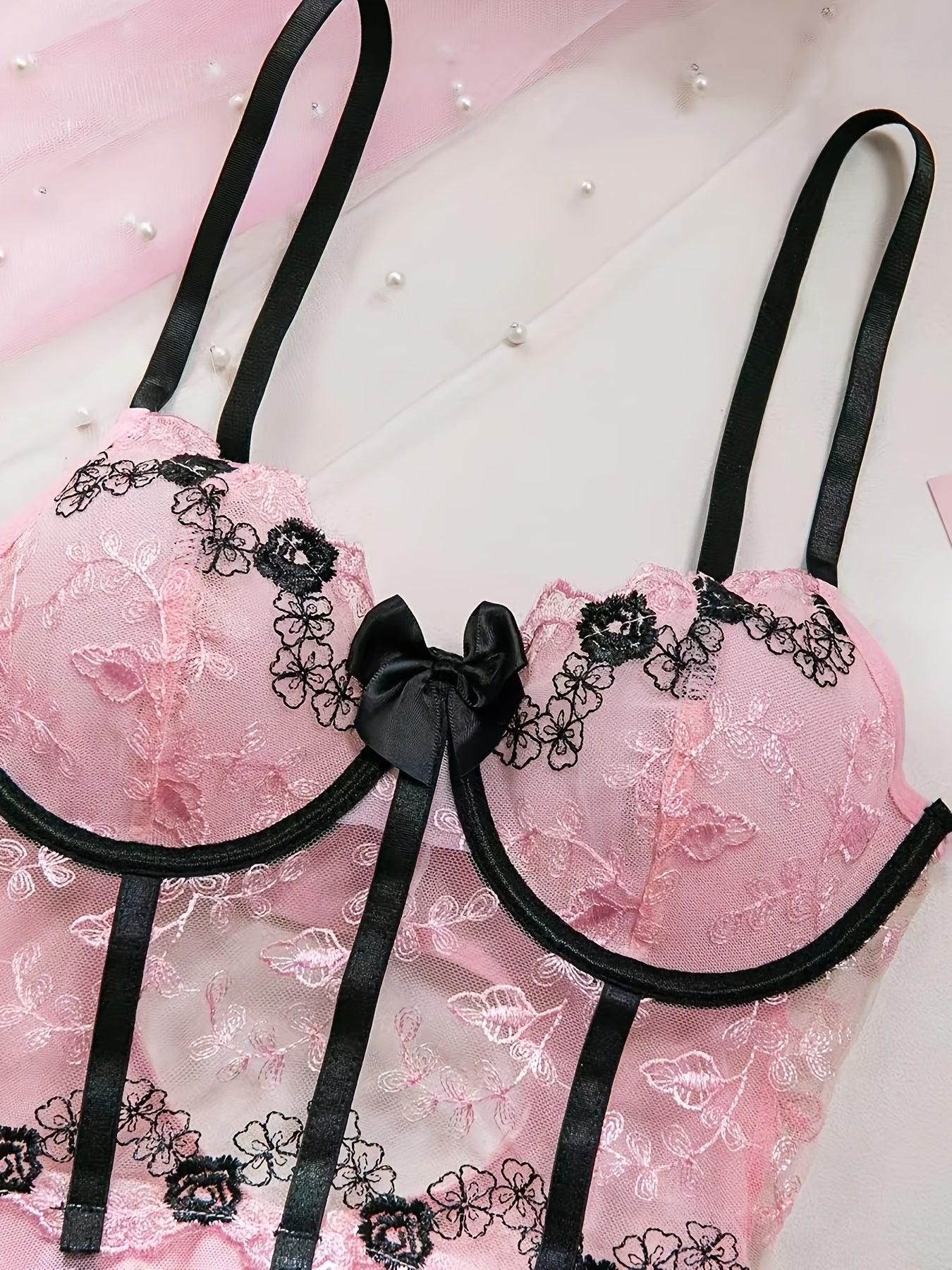 Conjunto de Sostén de Lencería Sin Mangas con Aros, Encaje Bordado, Parches y Contraste Romántico Elegante para Todas las Estaciones, 4 Piezas, Ideal para Fiestas, Vacaciones y Juegos de Rol