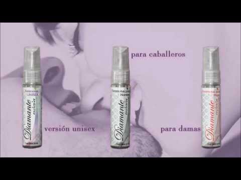 Tres versiones de Feromonas en Spray 25ml Diamante Exclusive: unisex, para caballeros y para damas, presentadas sobre fondo sensual. Cosmético de atracción personal.