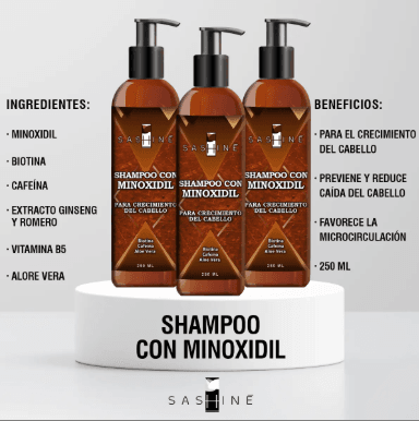 Shampoo Minoxidil SASHINE en presentación de 250ml, ideal para fortalecer el cabello, prevenir la caída y estimular el crecimiento.