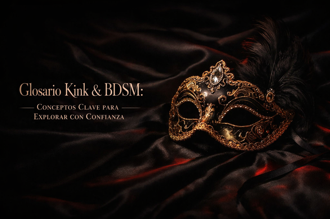 Máscara veneciana dorada sobre seda negra con reflejos rojizos — Glosario Kink & BDSM | Shakti Energy®