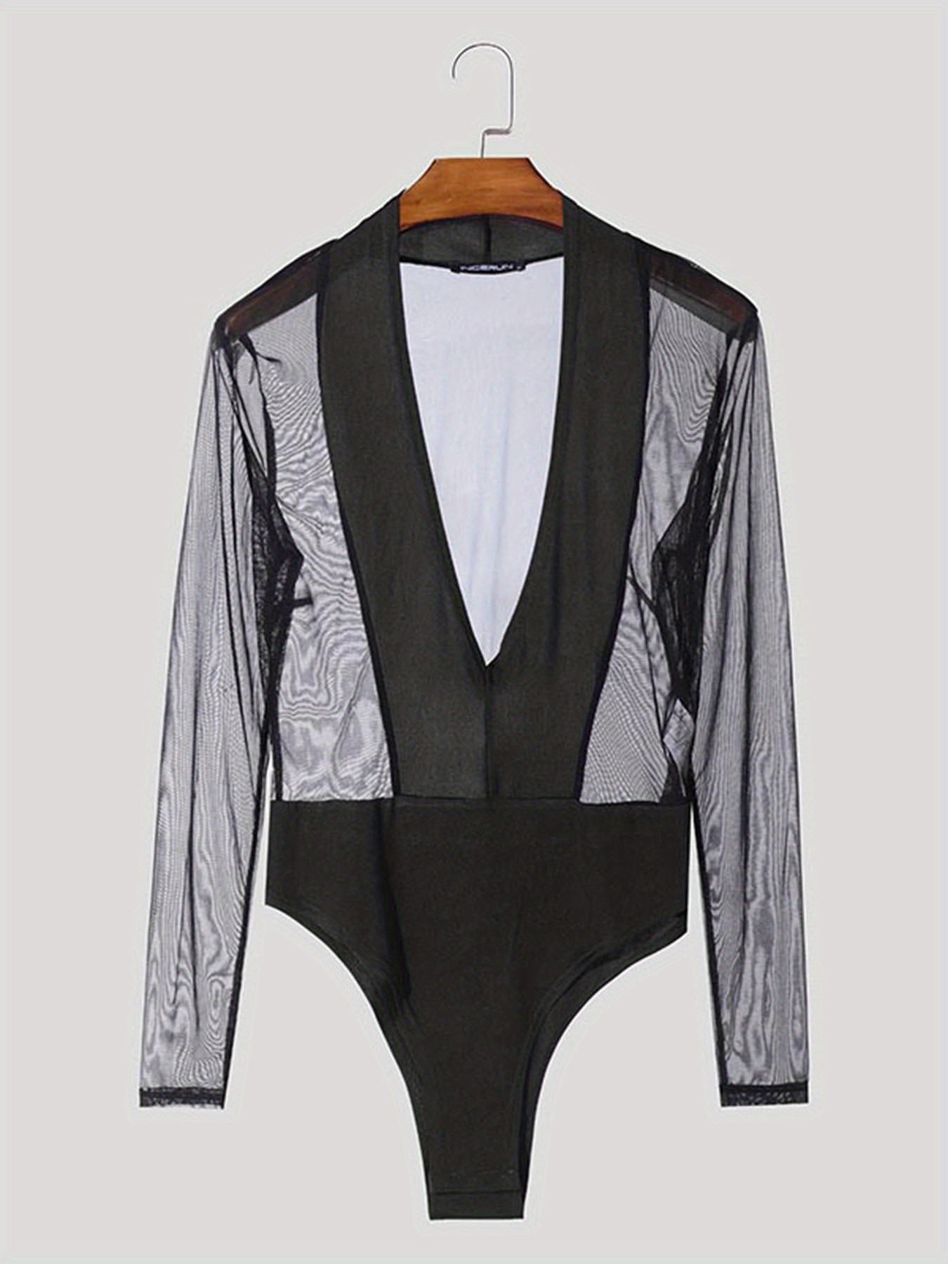 INCERUN Mono para hombre transparente de 1 pieza, leotardo con cuello en V profundo, manga larga, ajustado, fino y transparente para fiesta