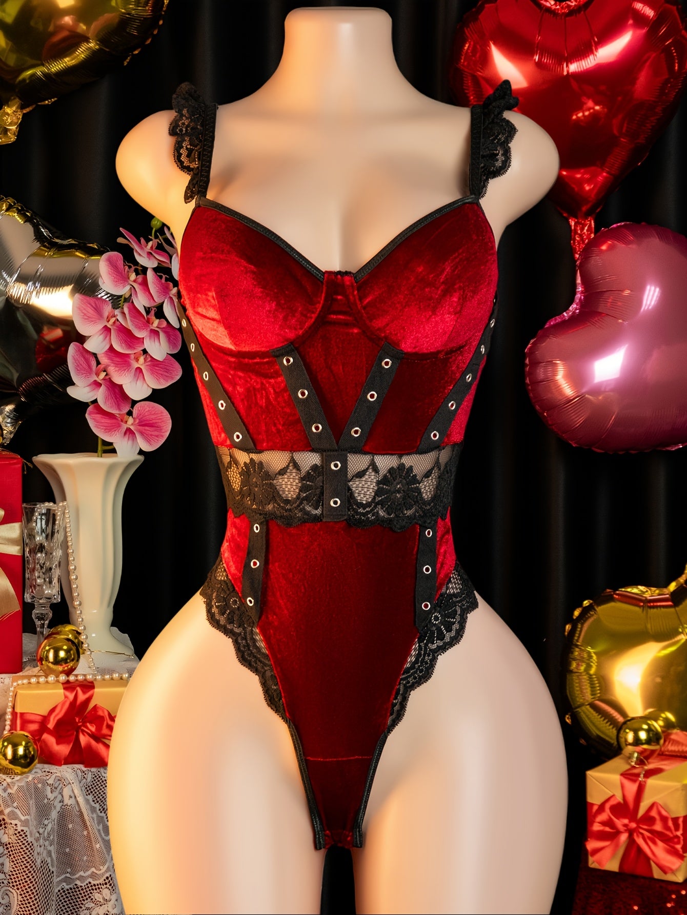 Body de terciopelo con lentejuelas y paneles de encaje sexy | Mono sin mangas con cuello en V, perfecto para el Día de San Valentín, color liso con detalles de encaje en contraste
