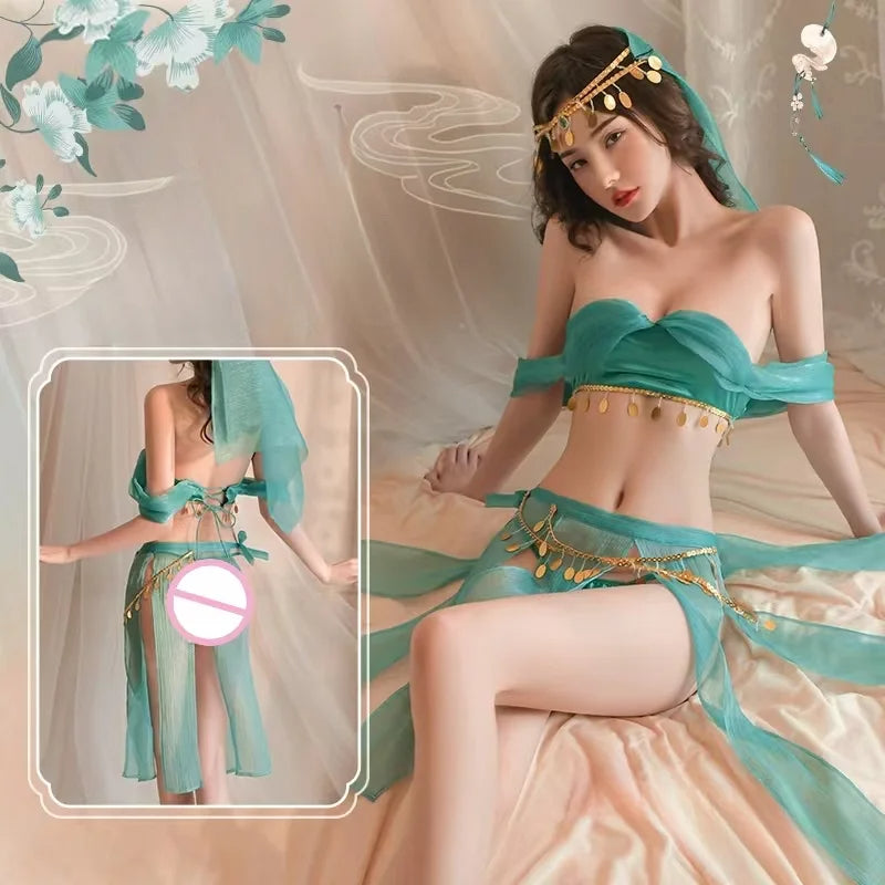 Conjunto Lencería Danzarina Estilo Árabe - Set 4 Piezas Azul Verde