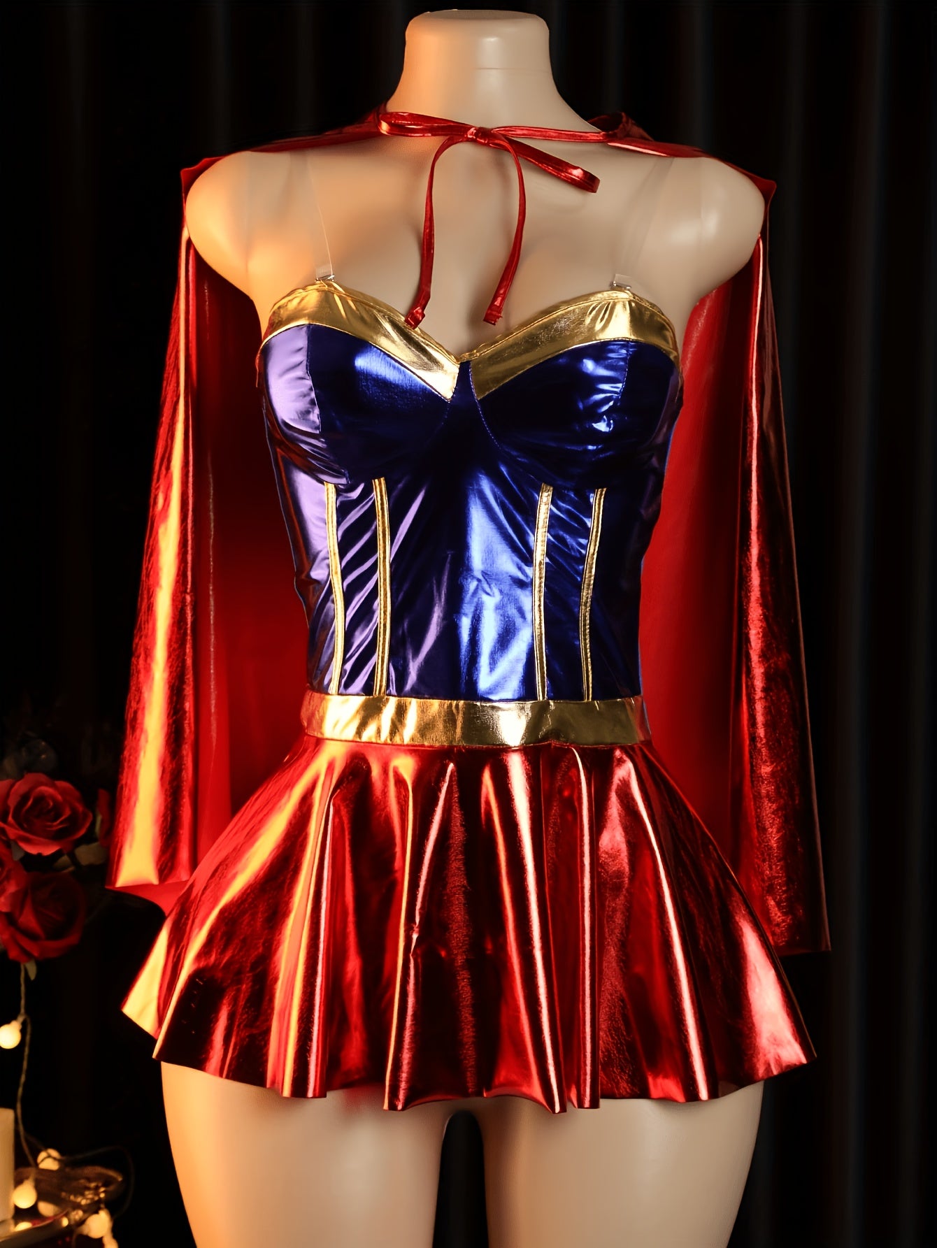 Conjunto de uniforme exótico de 2 piezas para mujer, cosplay de superhéroe, falda tipo slip , con una capa, vestido  tipo halter sin espalda, perfecto para fiesta de cosplay o sesión de fotos de tocador