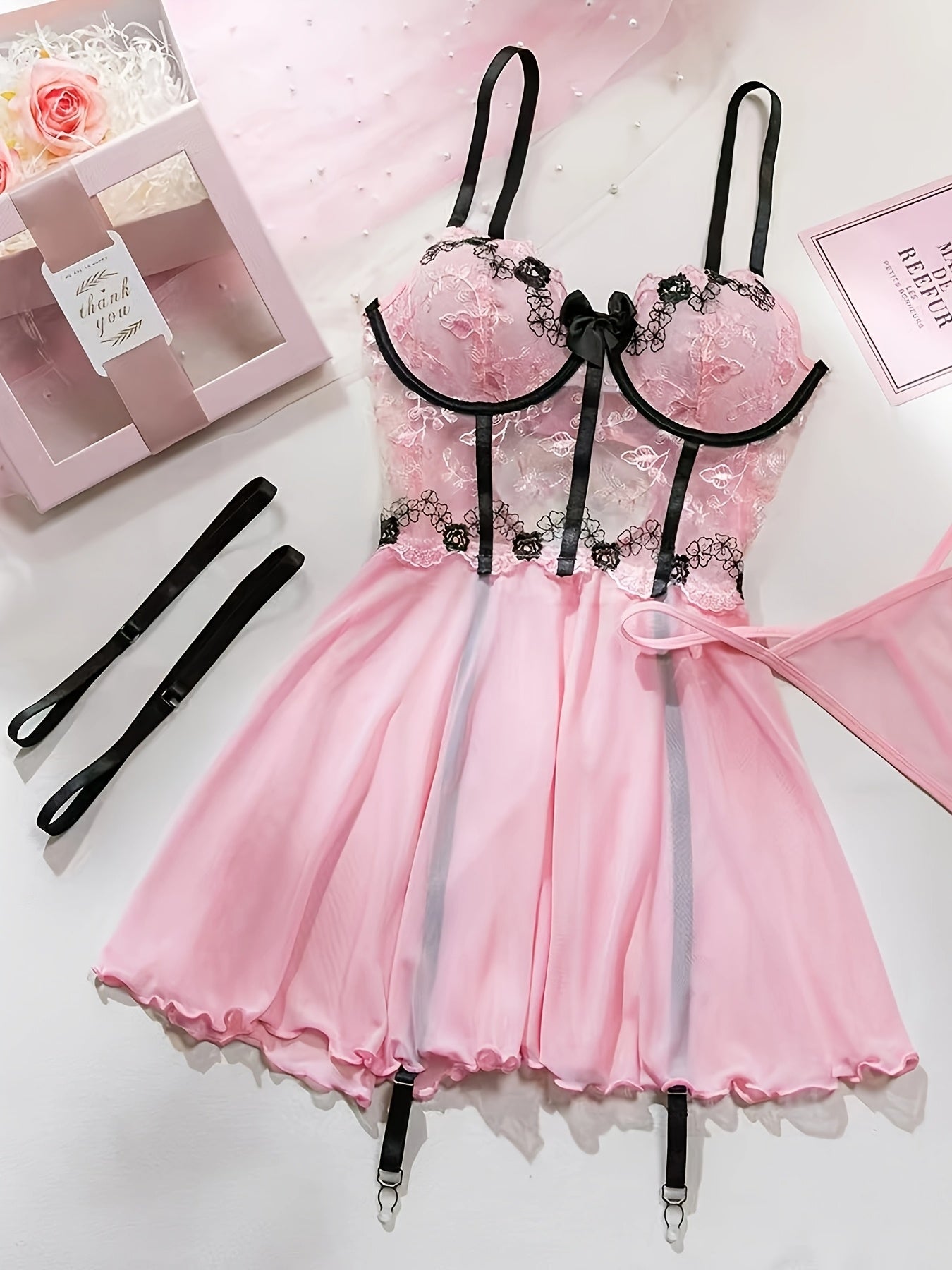 Conjunto de Sostén de Lencería Sin Mangas con Aros, Encaje Bordado, Parches y Contraste Romántico Elegante para Todas las Estaciones, 4 Piezas, Ideal para Fiestas, Vacaciones y Juegos de Rol