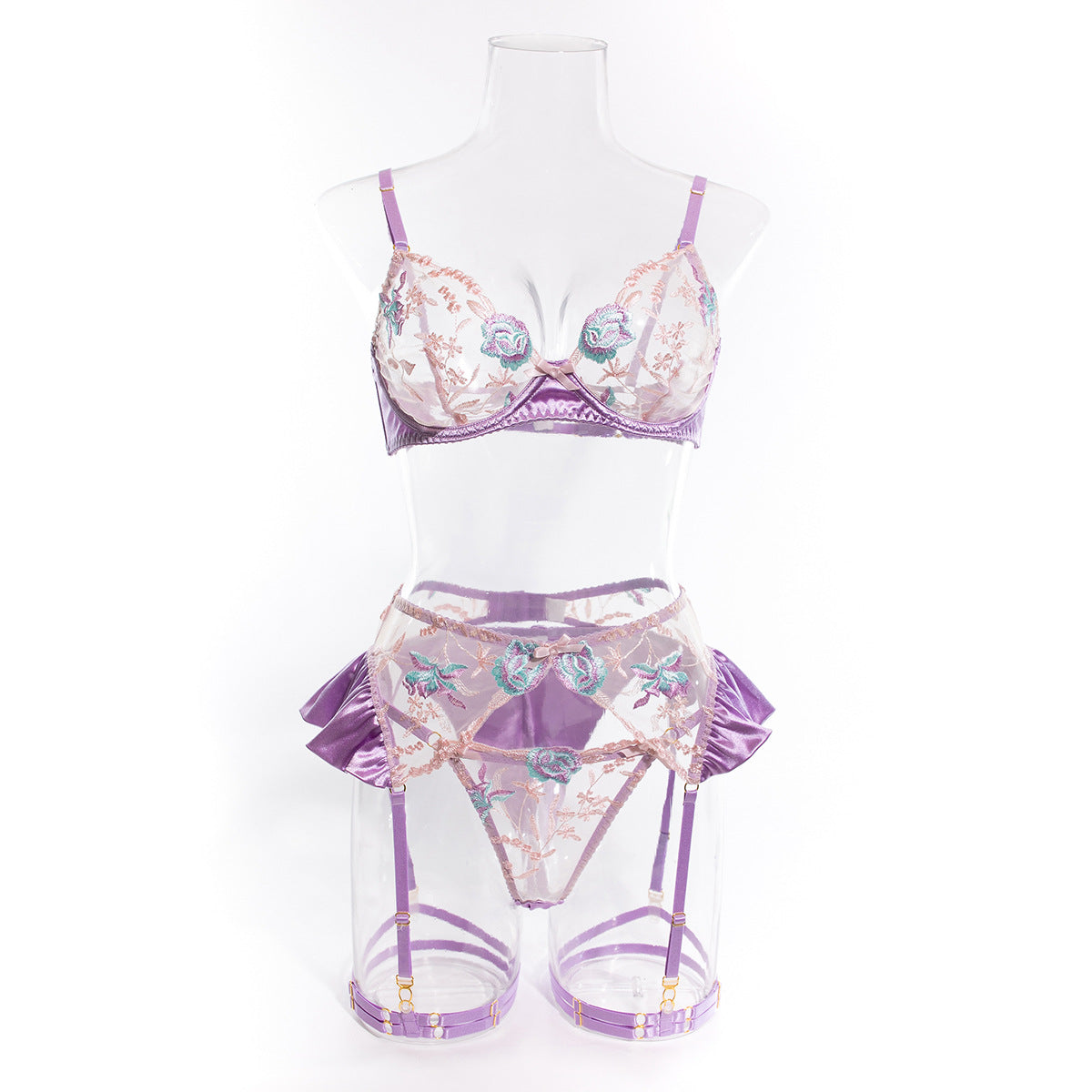 Conjunto de Lencería de Satén con Bordado - Set de 4 Piezas para Mujer