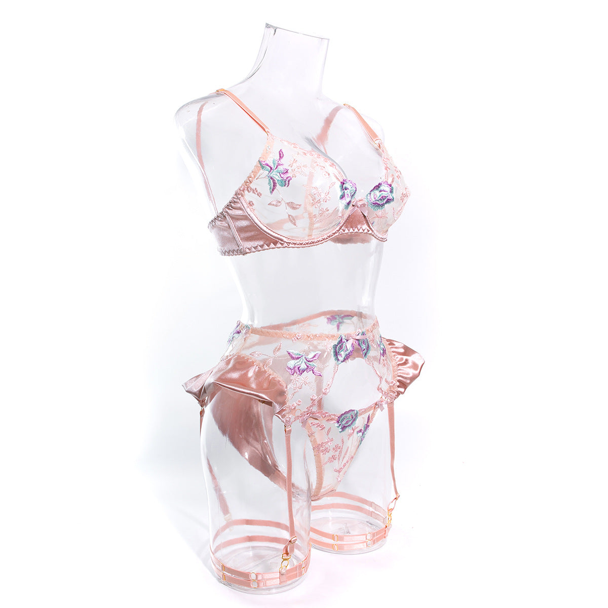 Conjunto de Lencería de Satén con Bordado - Set de 4 Piezas para Mujer