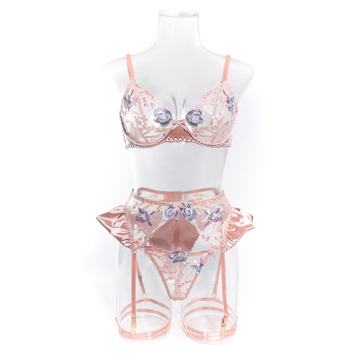 Conjunto de Lencería de Satén con Bordado - Set de 4 Piezas para Mujer