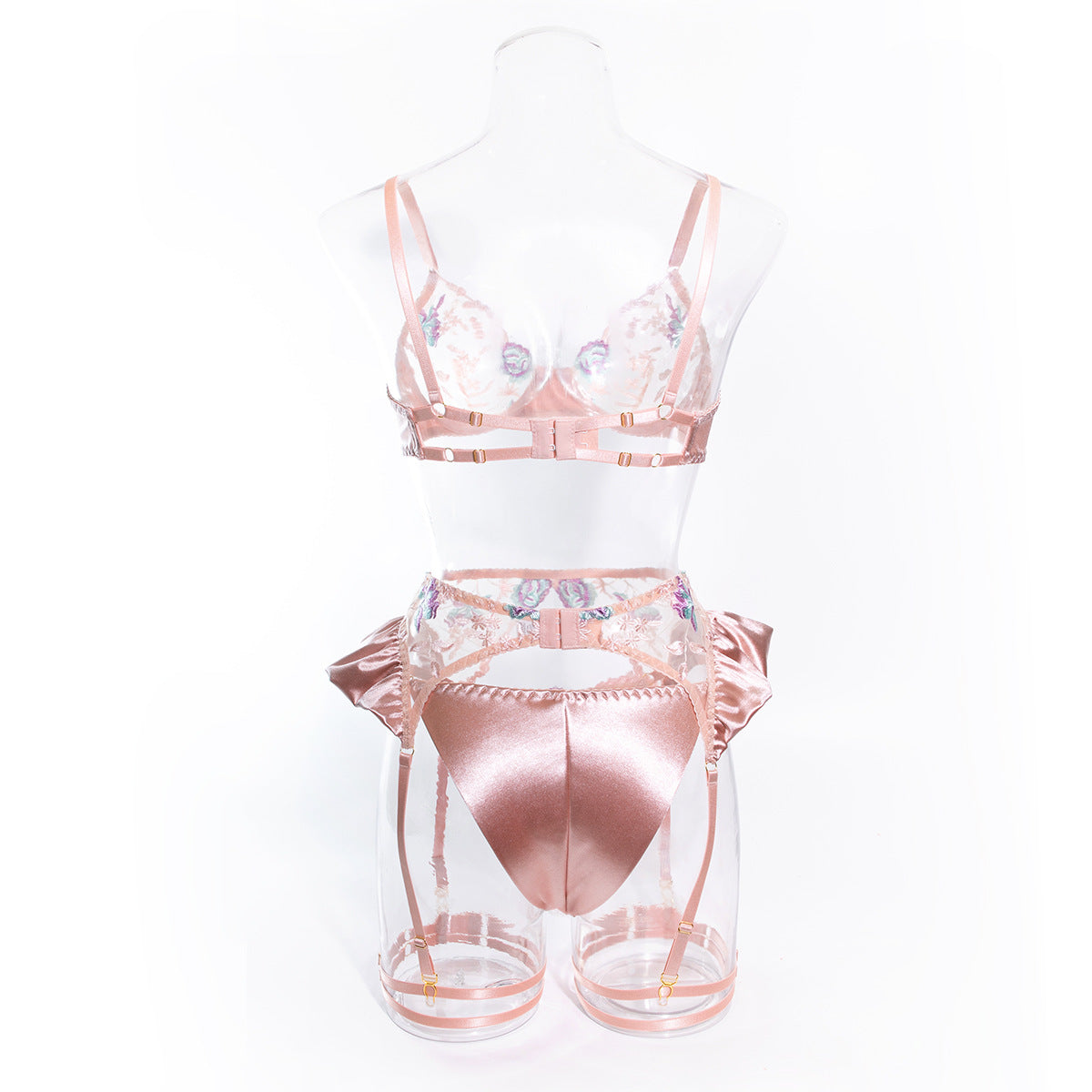 Conjunto de Lencería de Satén con Bordado - Set de 4 Piezas para Mujer