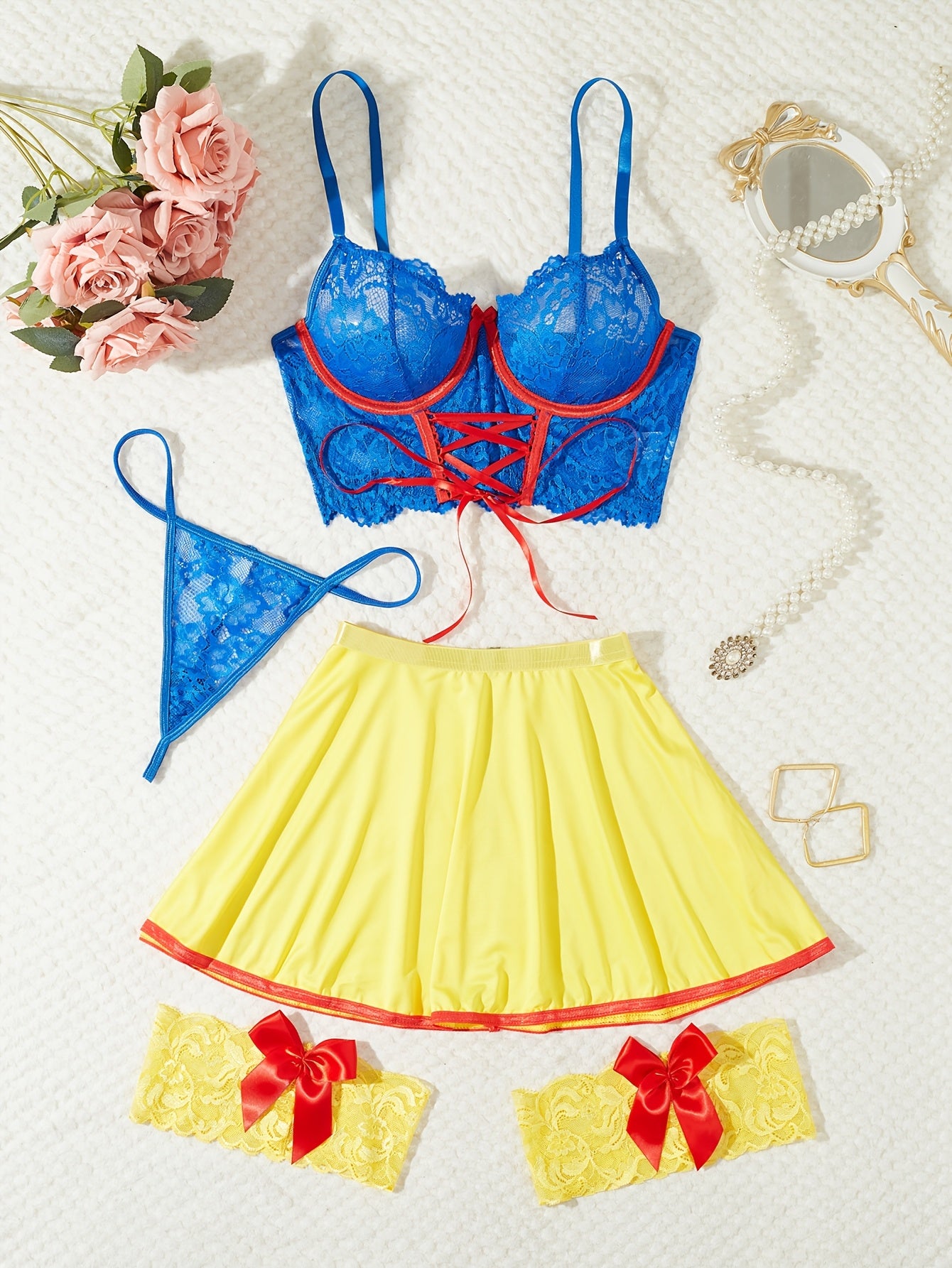 4 Piezas de Lencería de Encaje: Bikini con Falda y Tanga con Anillos en las Piernas - Conjunto Básico Semi-Transparente, Sujetador y Braguita a Juego, Lavado a Mano para Eventos Temáticos o Atuendos Casuales (Novedad)