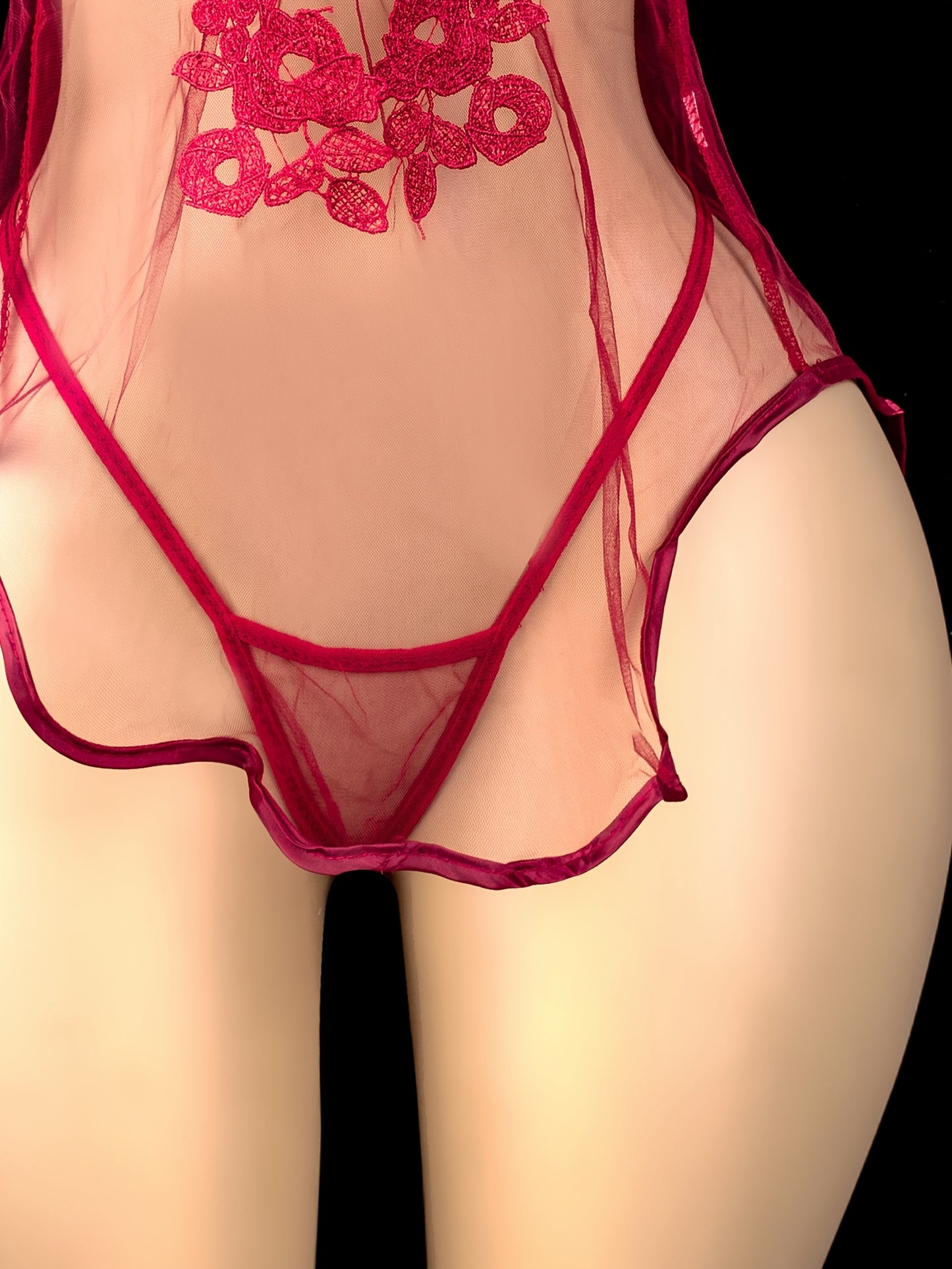Vestido Cheongsam Chino Elegante Rojo para Mujer, con Bragas, Estilo Étnico Bordado en Malla Transparente Sin Espalda, Pijama, Mono