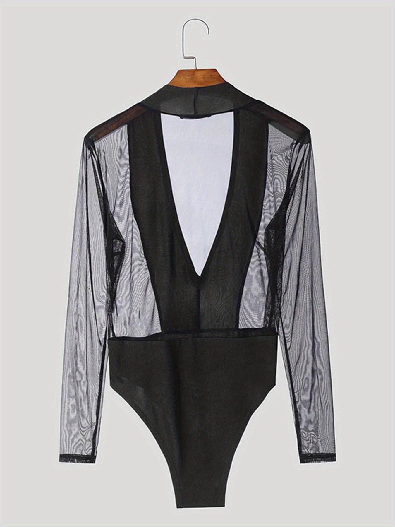 INCERUN Mono para hombre transparente de 1 pieza, leotardo con cuello en V profundo, manga larga, ajustado, fino y transparente para fiesta