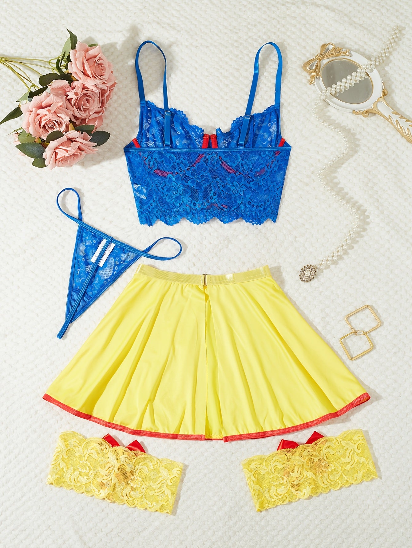 4 Piezas de Lencería de Encaje: Bikini con Falda y Tanga con Anillos en las Piernas - Conjunto Básico Semi-Transparente, Sujetador y Braguita a Juego, Lavado a Mano para Eventos Temáticos o Atuendos Casuales (Novedad)