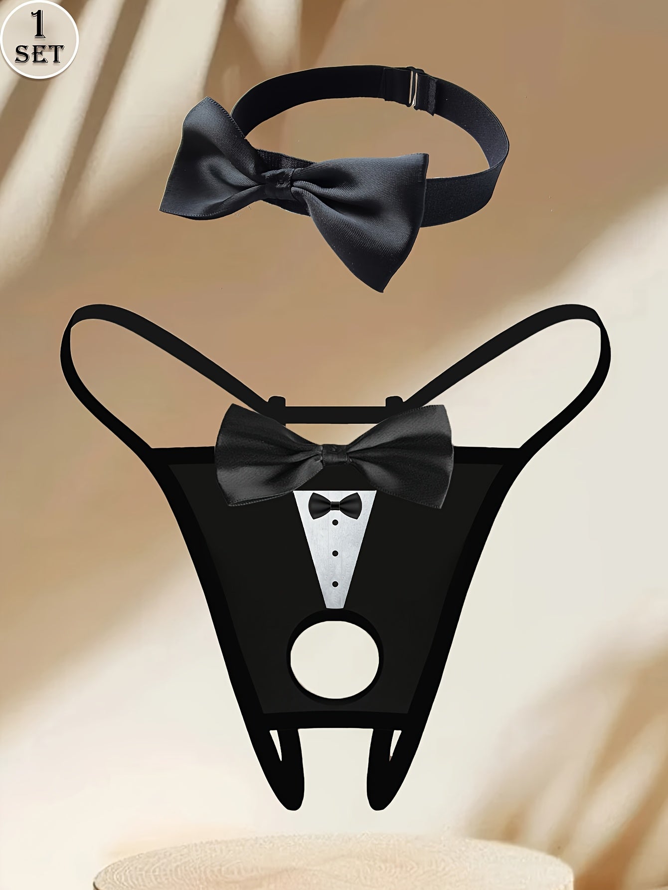 Conjunto de dos piezas para hombre, incluye un tanga y un collar de cuello con decoraciones de lazo, un estampado de corbata de lazo, un tanga frontal hueco, elegante y transpirable, que es suave con la piel, con un respaldo revelador, más un collar de c