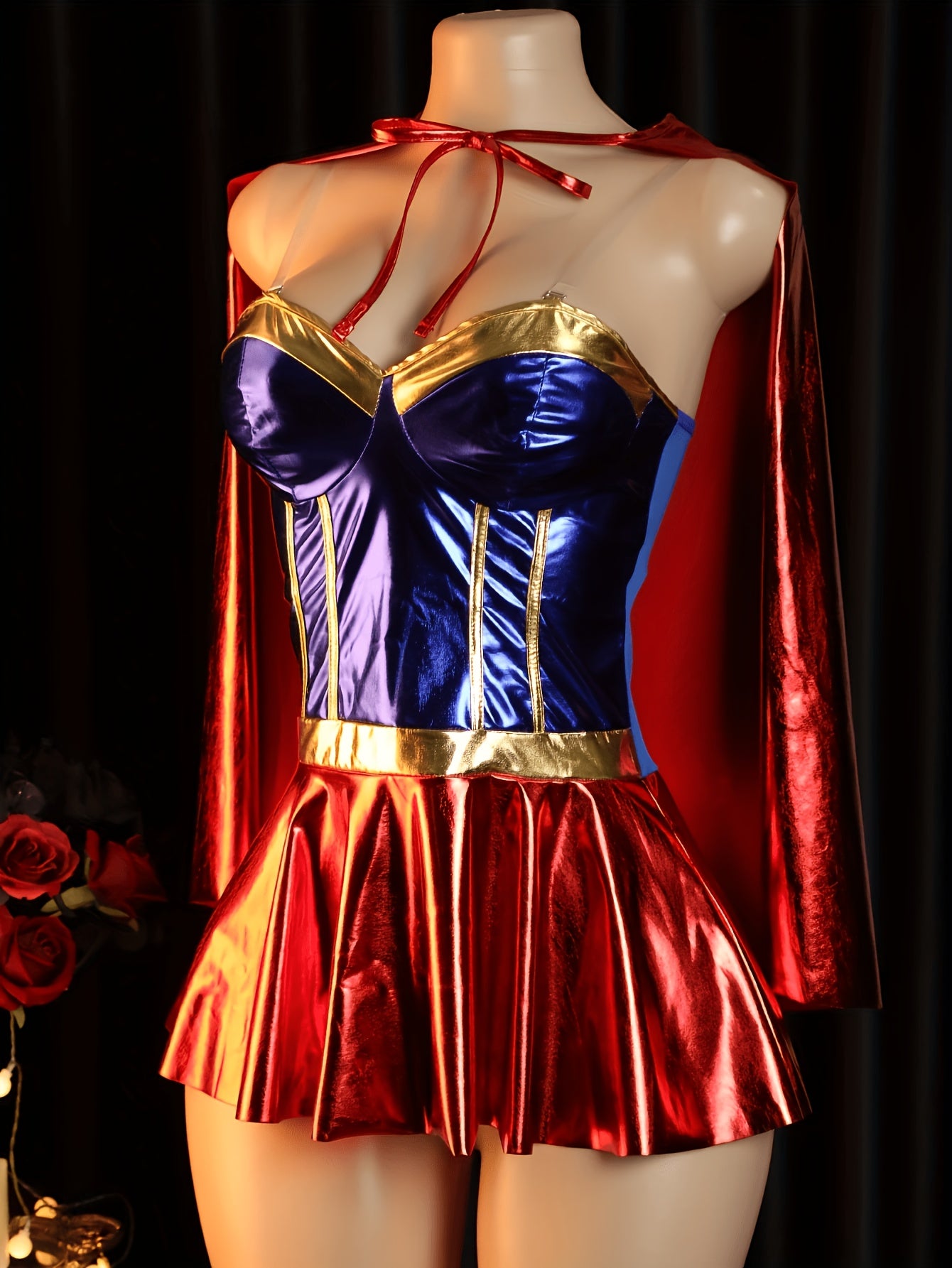 Conjunto de uniforme exótico de 2 piezas para mujer, cosplay de superhéroe, falda tipo slip , con una capa, vestido  tipo halter sin espalda, perfecto para fiesta de cosplay o sesión de fotos de tocador