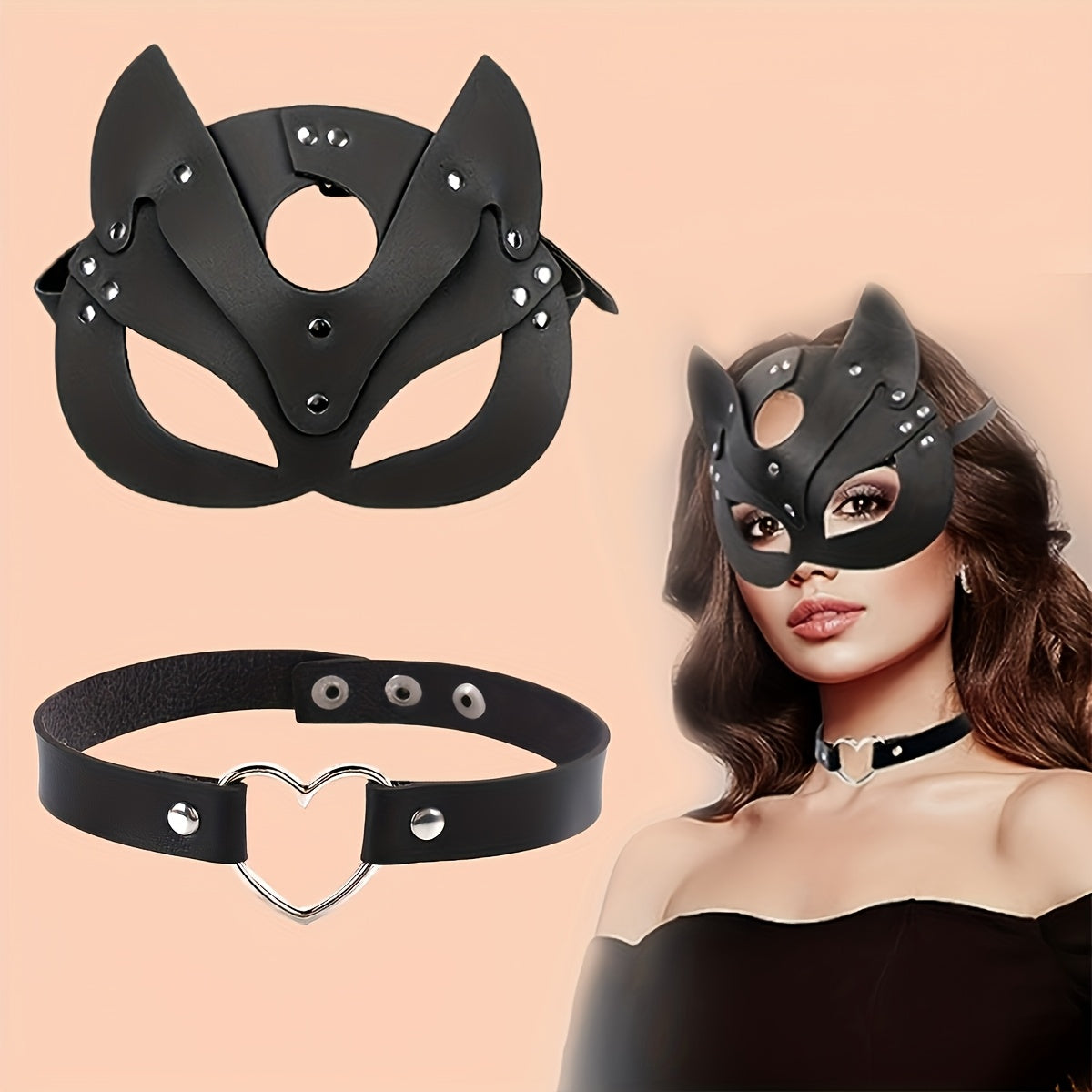 Set BDSM 3 Piezas Gato Punk: Máscara + Collar Corazón + Guantes Largos | Shakti Energy®