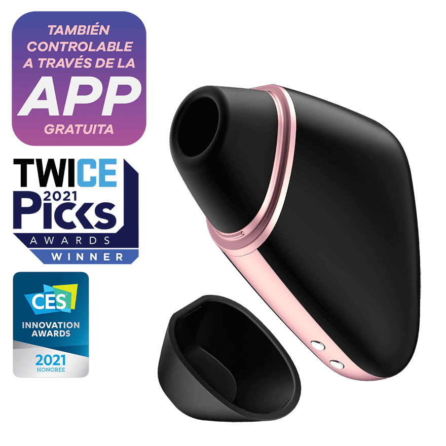 Satisfyer Love Triangle negro con tapa higiénica y premios CES. Controlable por app gratuita para experiencias personalizadas.