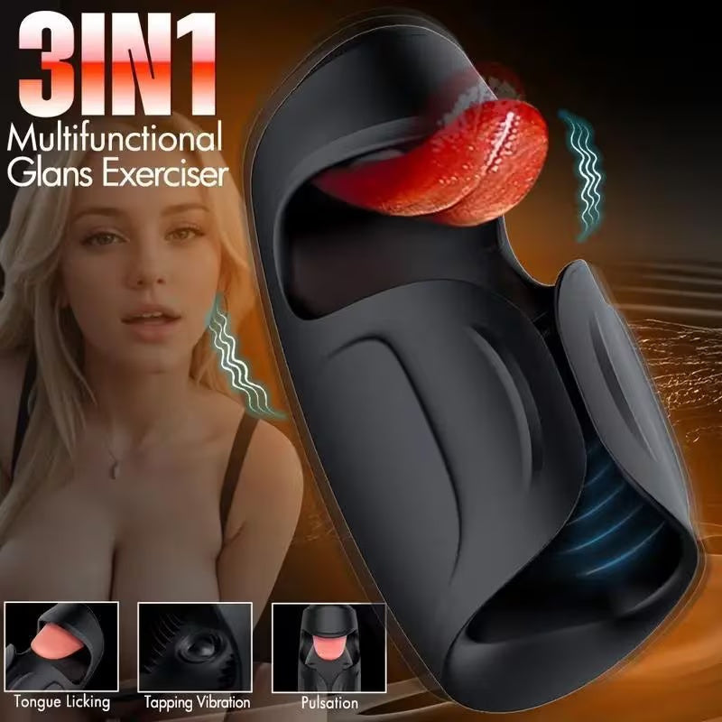 Masturbador masculino multifuncional 3 en 1 - lengua flexible, vibración y pulsación - diseño compacto negro - Shakti Energy®