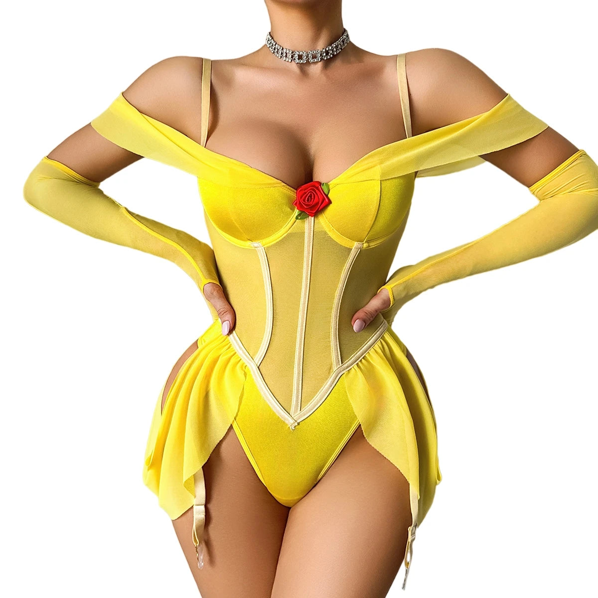 Sexy Princess Role Play Lingerie Costume See Through Rose Mesh Sheer Bodysuit Off Shoulder Open Back Shaping One Piece Teddy