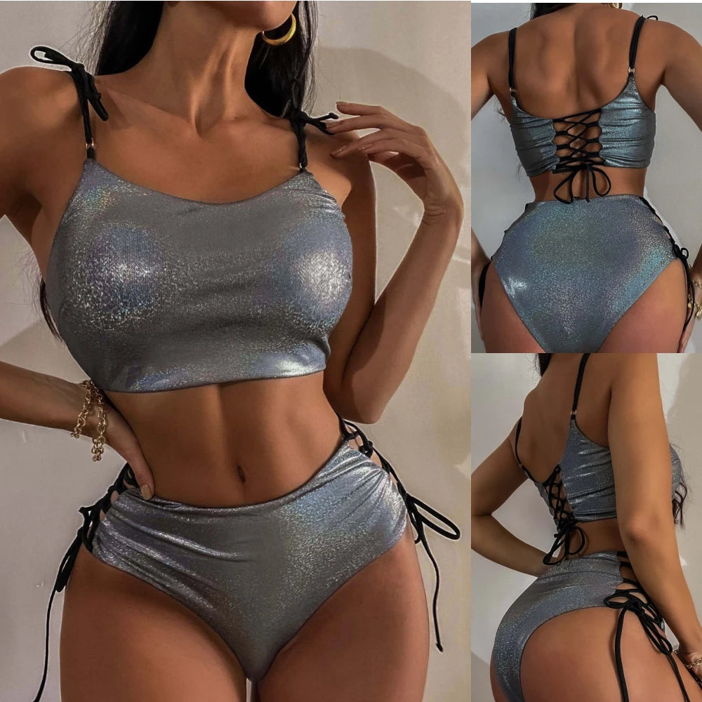 Metallic Sleeveless Crop Top and Shorts Set - Shiny 2 Piece Outfit for Pole Dancing