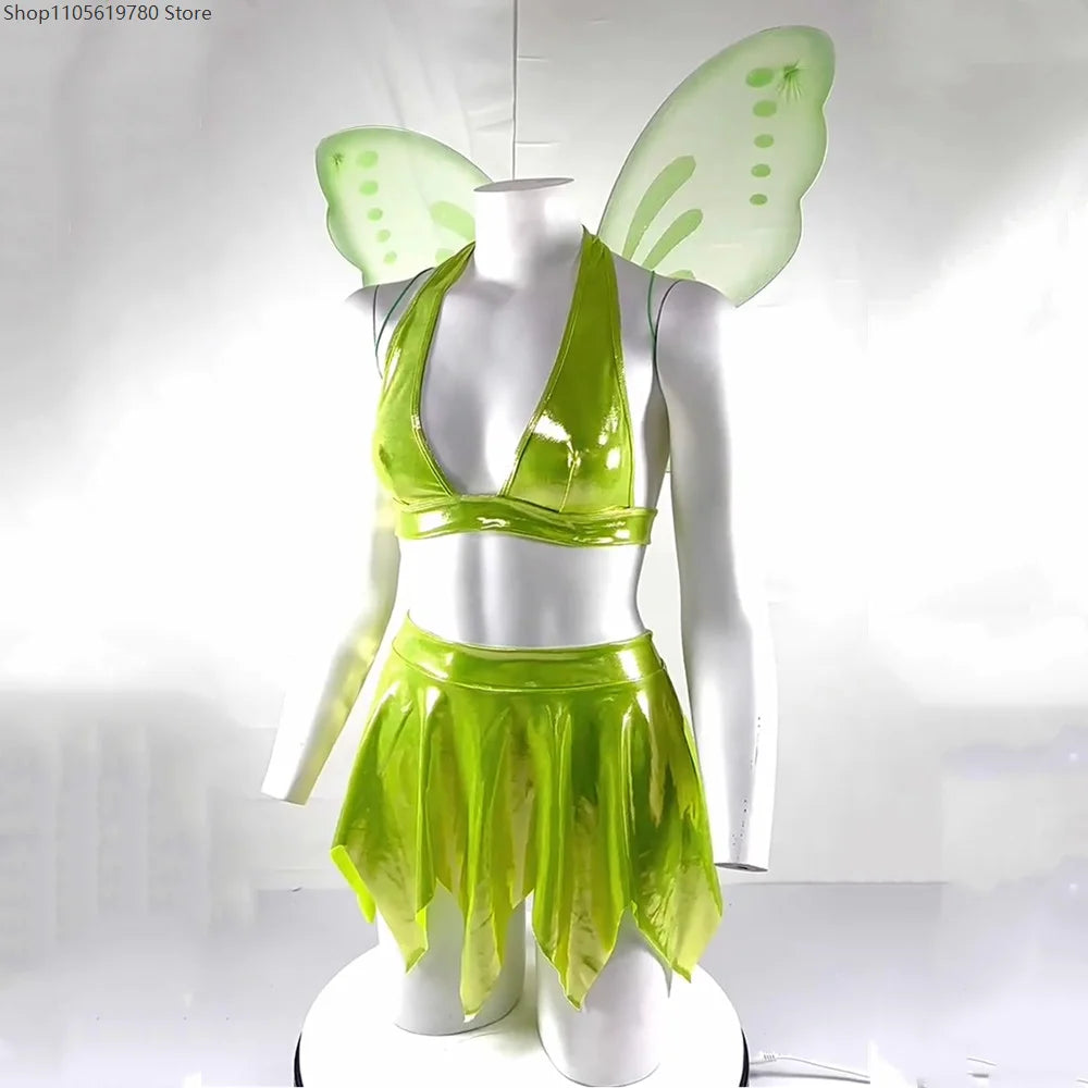 Women Forest Green Fairy Elf Cosplay Mini Fancy Dress with Butterfly Wings Adult Angel Halloween Carnival Party Costume Outfit