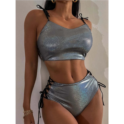 Metallic Sleeveless Crop Top and Shorts Set - Shiny 2 Piece Outfit for Pole Dancing