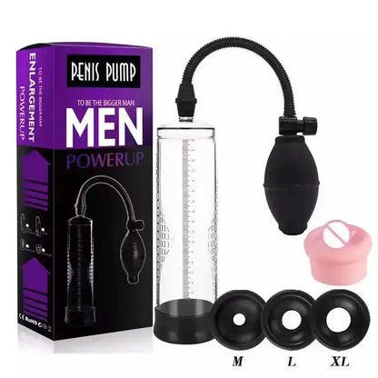 Bomba de vacío manual con pera de presión, cilindro transparente y anillos M, L, XL. Mejora tu confianza íntima con este alargador de pene.