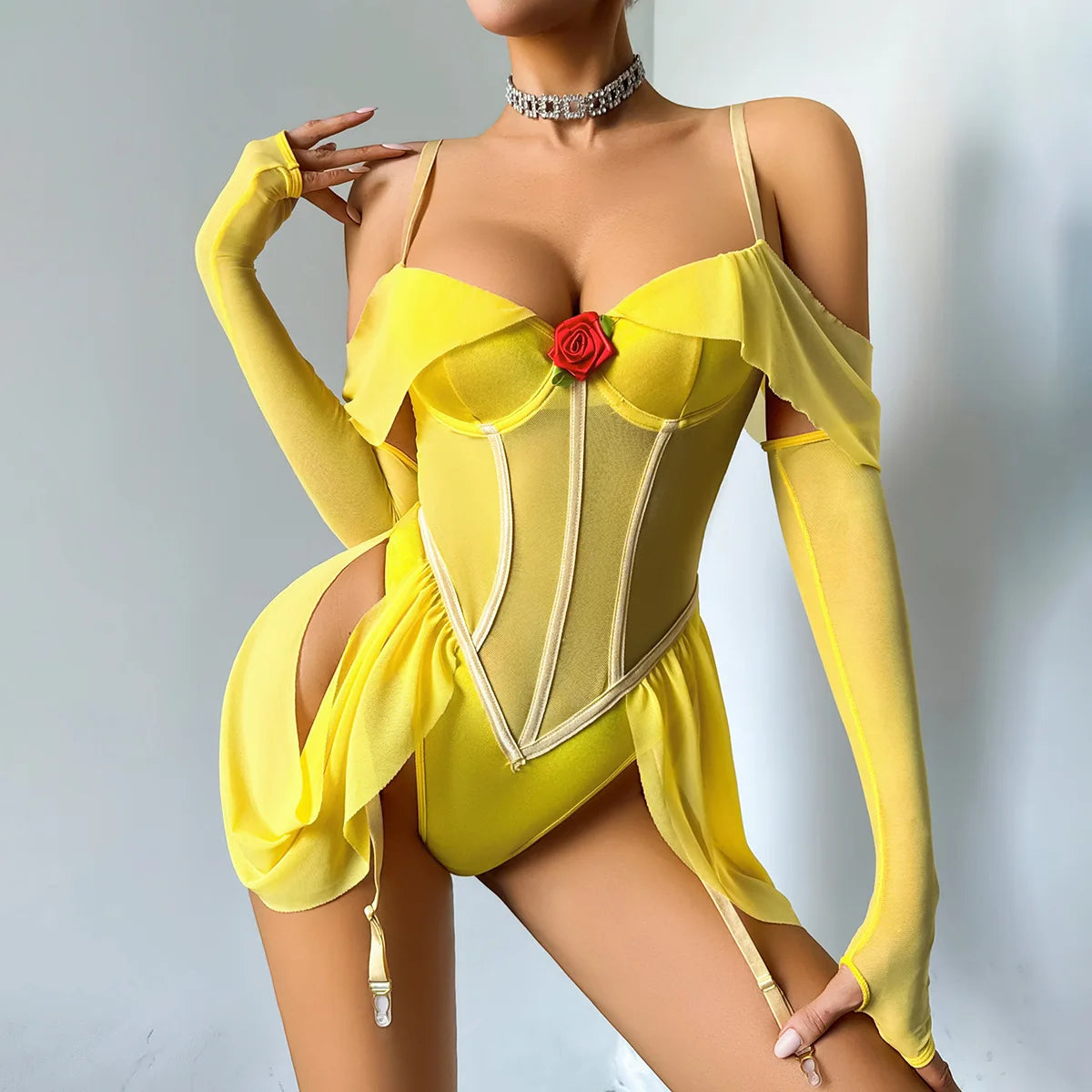 Sexy Princess Role Play Lingerie Costume See Through Rose Mesh Sheer Bodysuit Off Shoulder Open Back Shaping One Piece Teddy