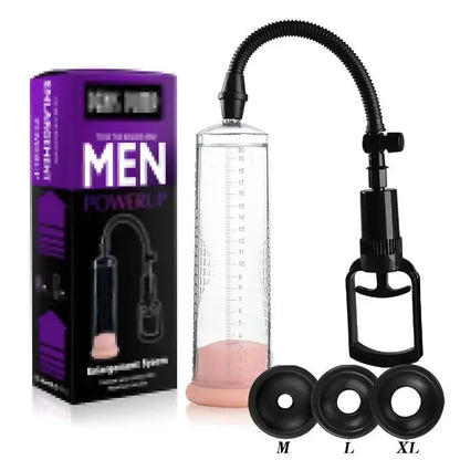 Bomba manual de vacío para pene con cilindro transparente, mango ergonómico y tres anillos de silicona en tallas M, L y XL. Ideal para alargamiento y mejora de erección masculina.