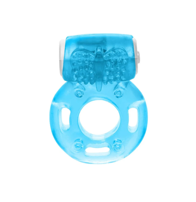 Anillo vibrador azul de silicona con motor estimulador, diseño ergonómico de Calexotics para placer adulto en relaciones íntimas.