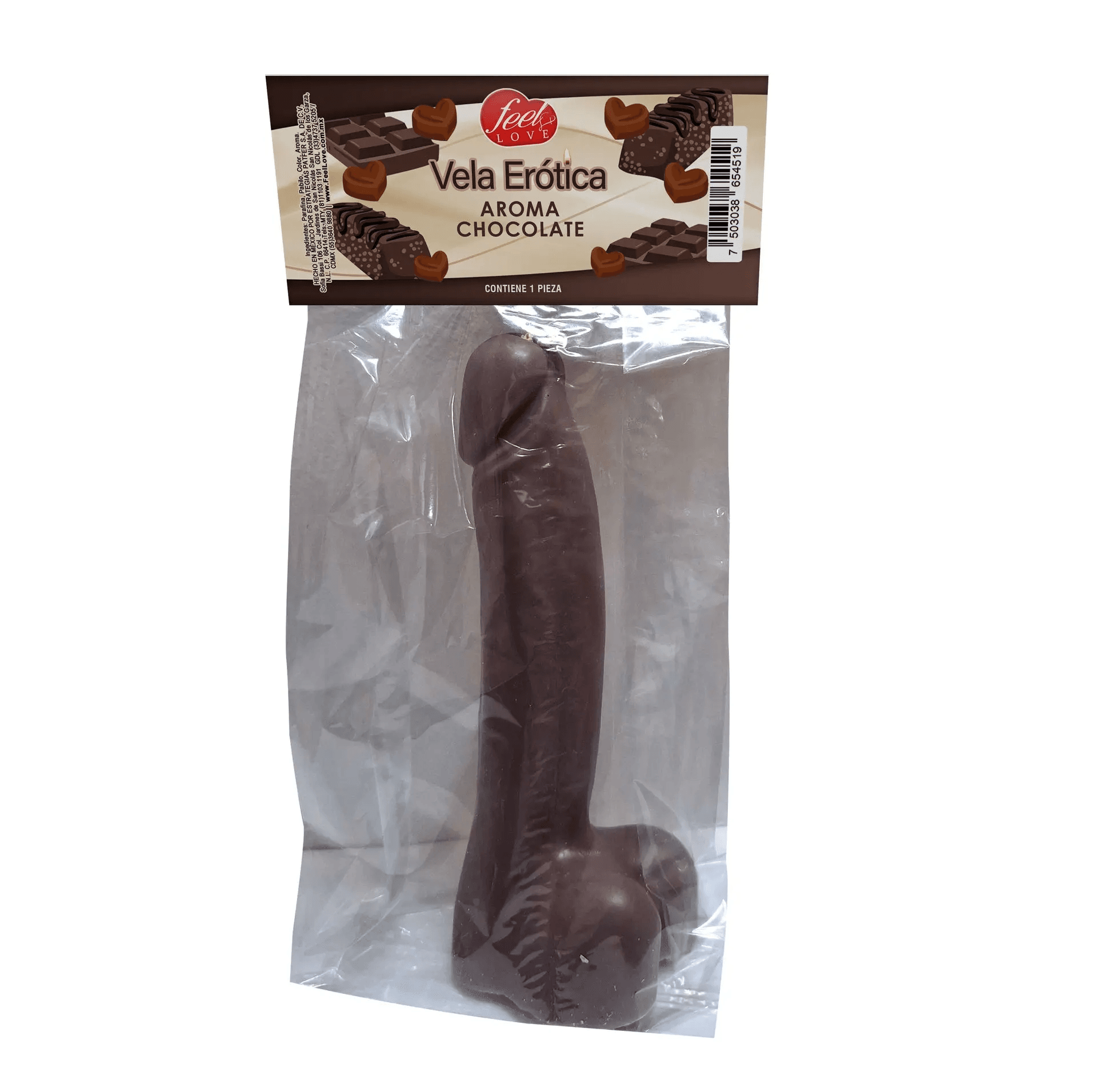 Vela aromática Erótica Aroma Chocolate de Feel Love en empaque transparente, ideal para juegos sensuales y cenas íntimas. Diseño atrevido con forma fálica.