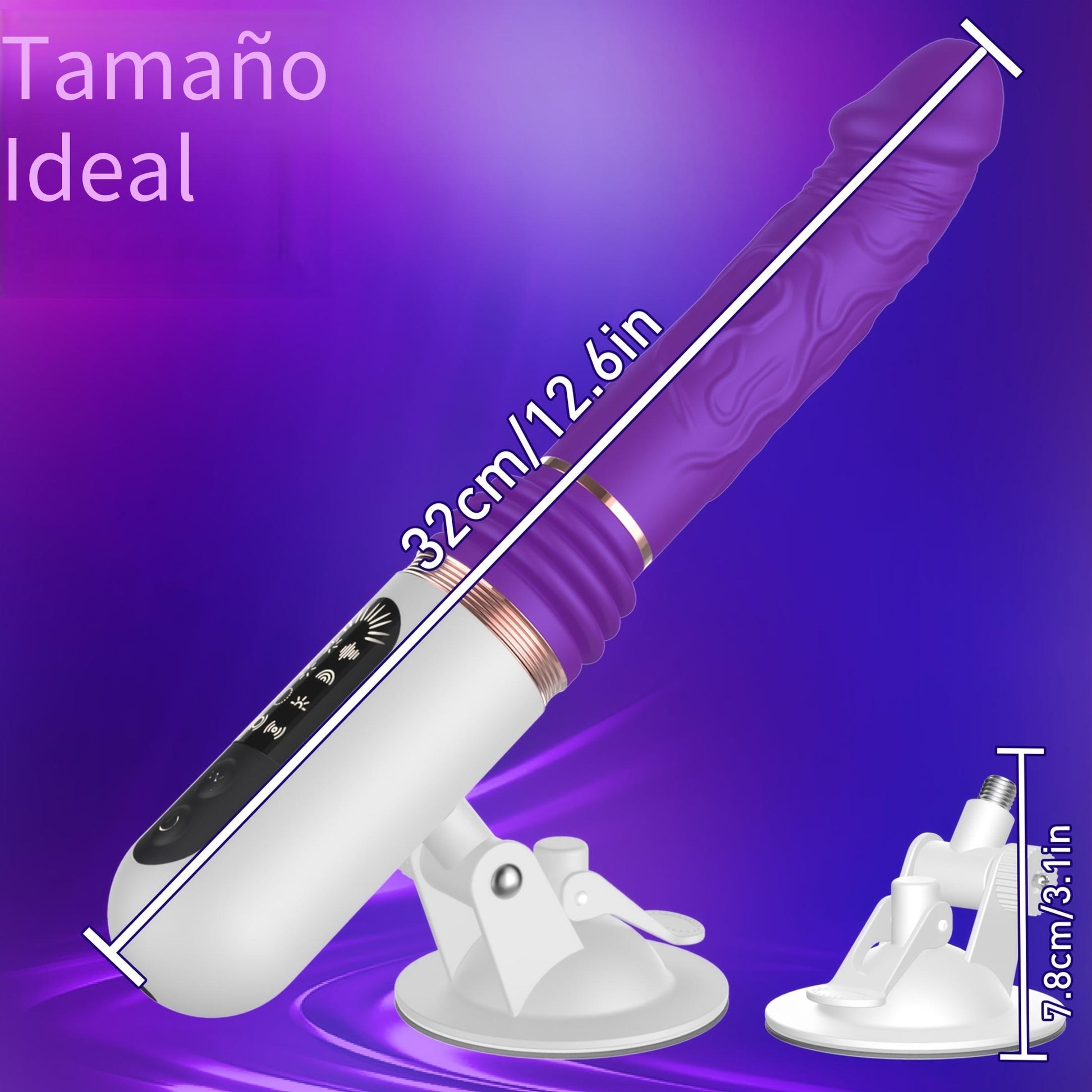 Medidas vibrador telescópico: 32cm largo / 12.6in - base ventosa 7.8cm - tamaño ideal - Shakti Energy®