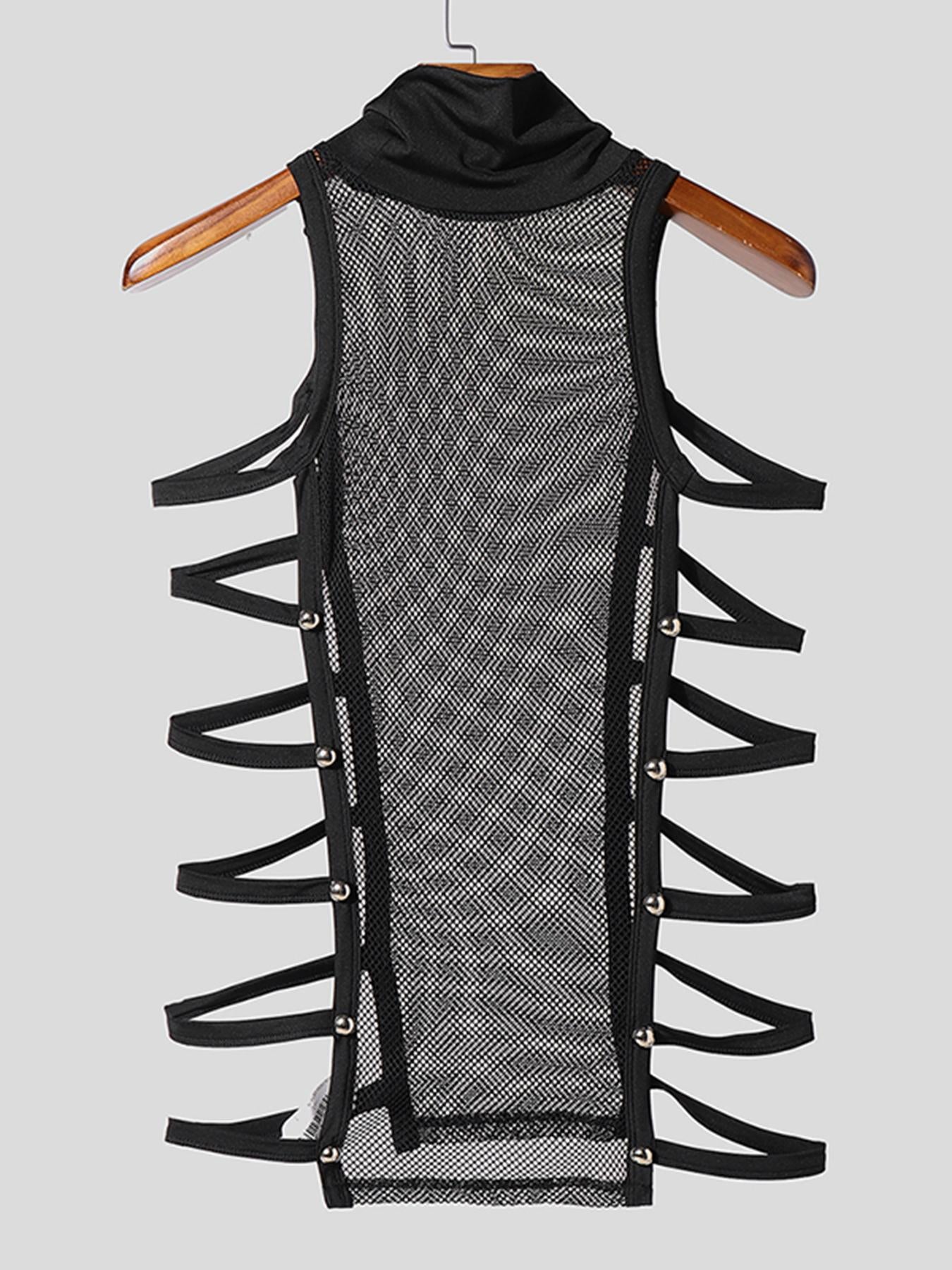 Chaleco sin mangas de cuello alto con parches de red, botones metálicos y recortes, ajustado para fiestas y clubes nocturnos