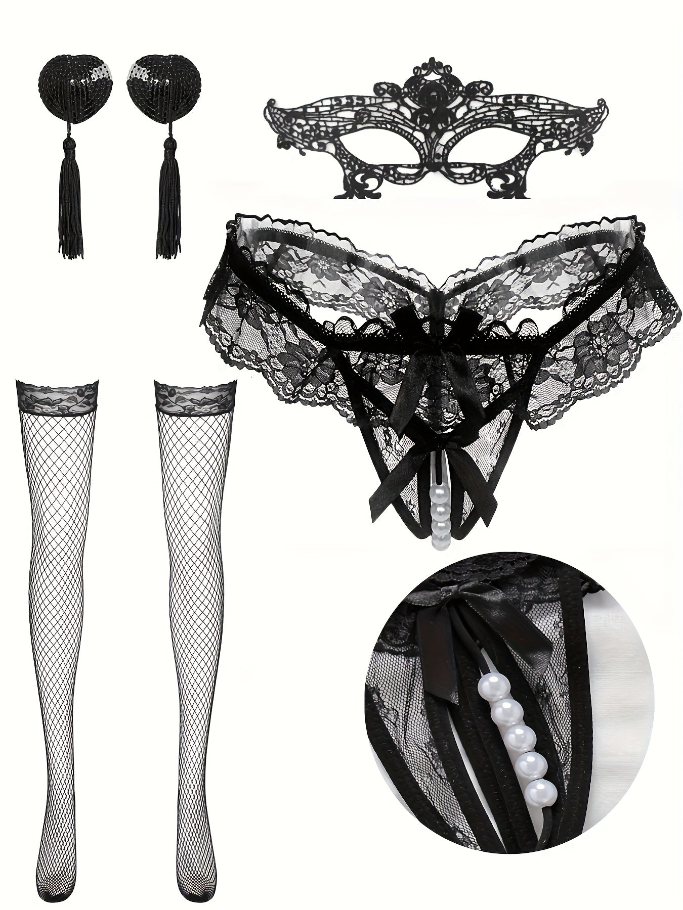 Conjunto Lencería Sexy 4 Piezas con Perlas y Encaje | Shakti Energy®