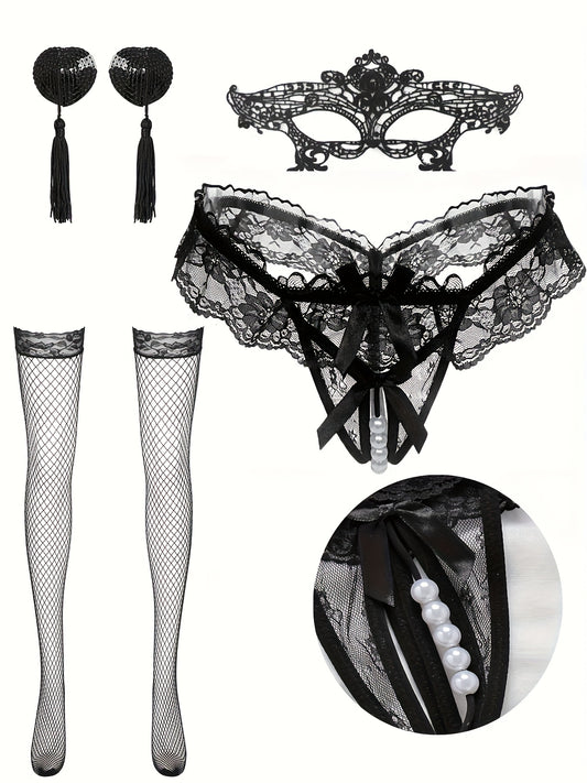 Conjunto Lencería Sexy 4 Piezas con Perlas y Encaje | Shakti Energy®