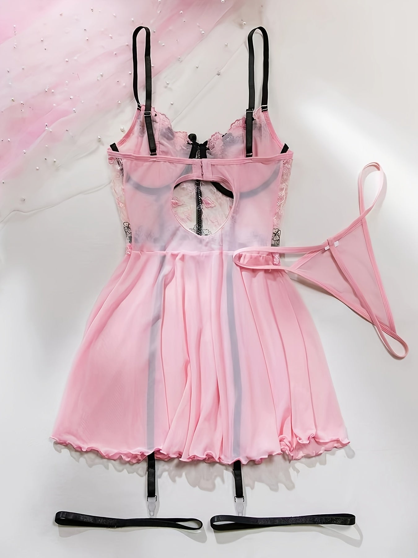 Conjunto de Sostén de Lencería Sin Mangas con Aros, Encaje Bordado, Parches y Contraste Romántico Elegante para Todas las Estaciones, 4 Piezas, Ideal para Fiestas, Vacaciones y Juegos de Rol
