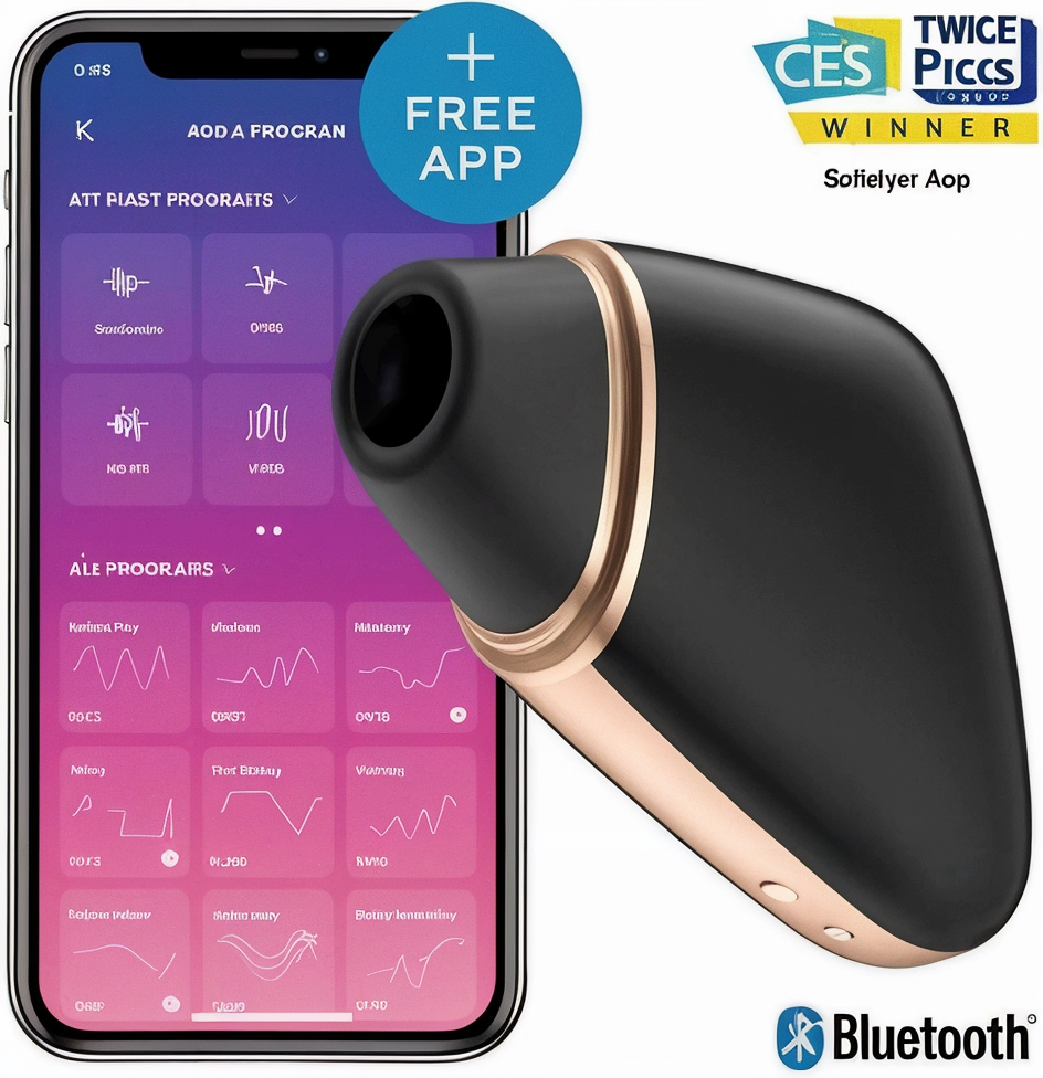 Satisfyer Love Triangle junto a smartphone mostrando la app gratuita. Personaliza programas de placer con conectividad Bluetooth.