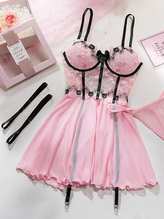 Lencería Sexy para Mujer: Baby Doll Rosa 4 Piezas | Shakti Energy®