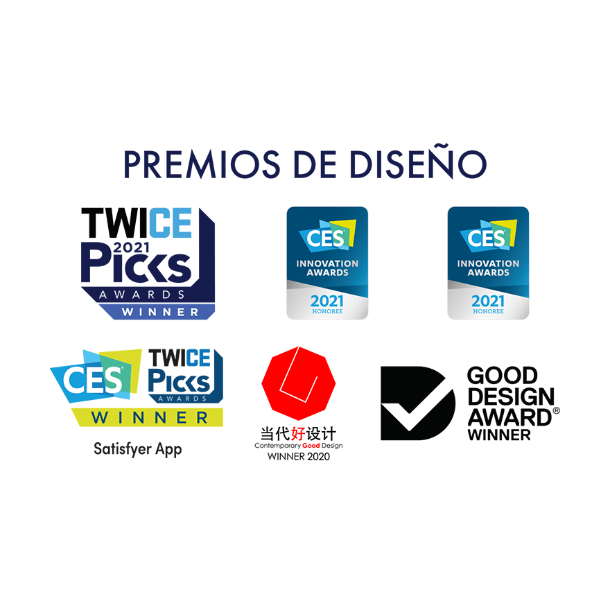 Premios de diseño ganados por el Satisfyer Love Triangle, incluyendo CES y Good Design. Reconocido por su innovación y funcionalidad.