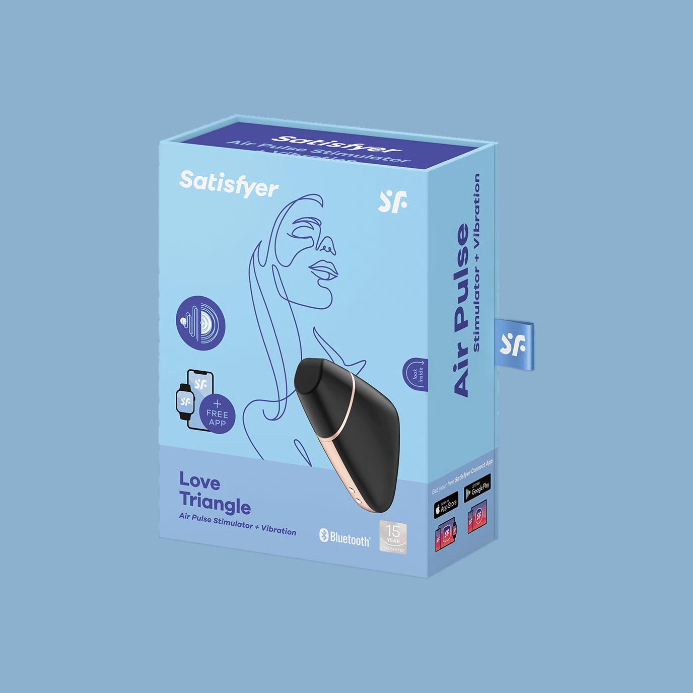 Caja del succionador Satisfyer Love Triangle con diseño moderno. Incluye funciones de vibración, ondas de presión y control por app.